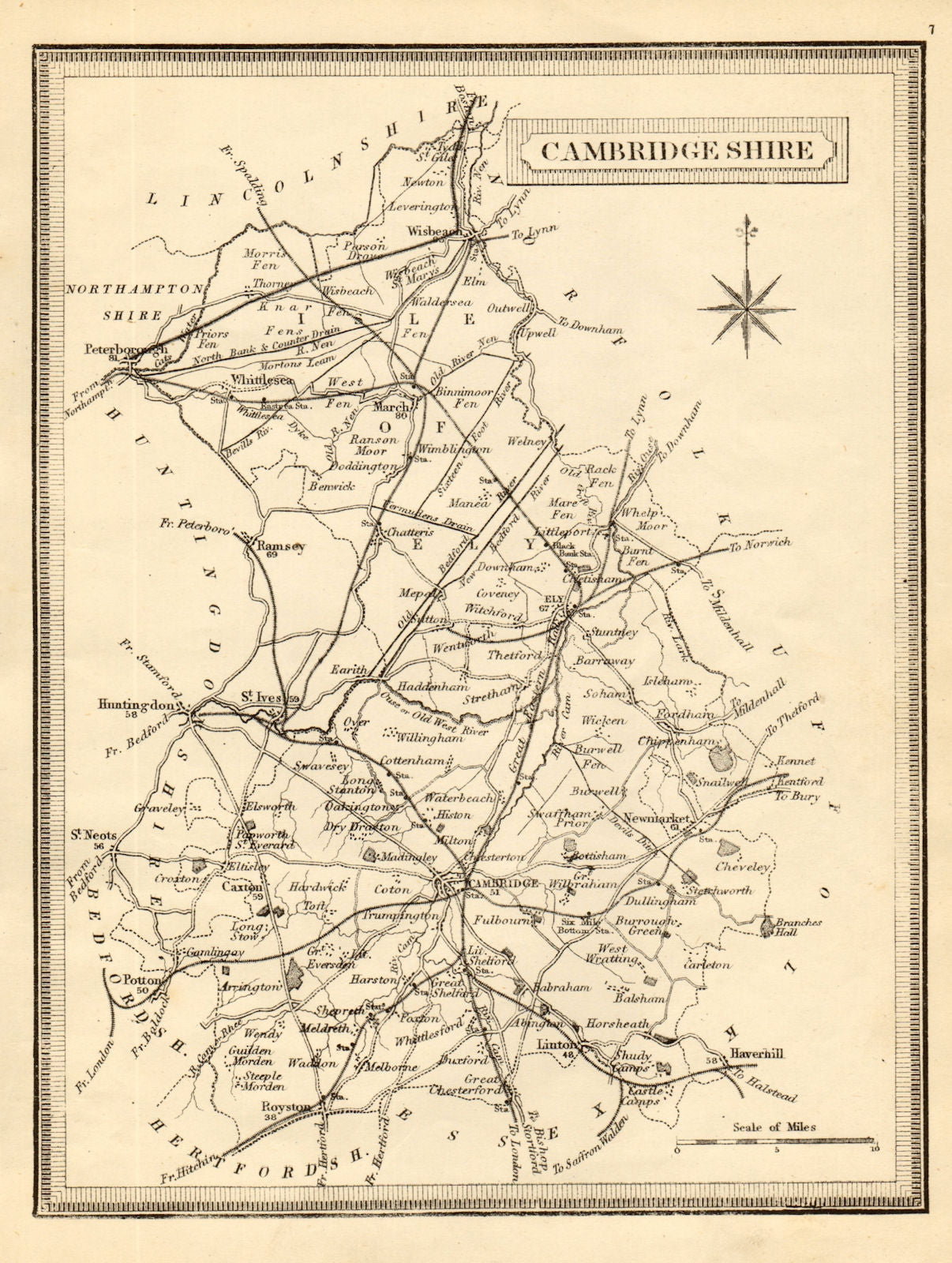 Antique county map of Cambridgeshire. John Heywood. Railways. Coach roads c1864
